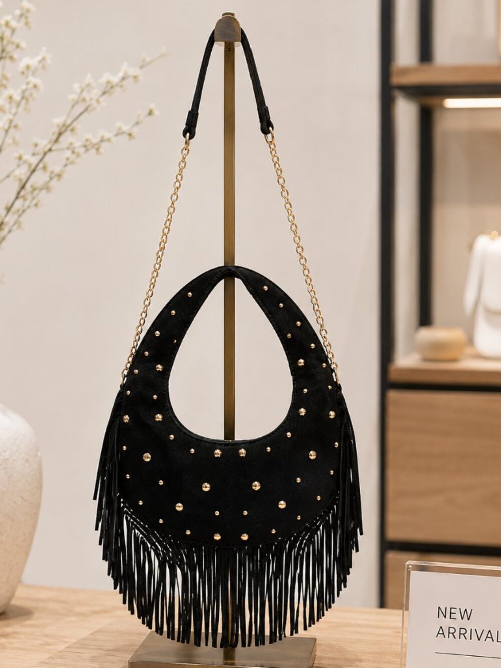 Metal Studded Fringe Hobo Bag Faux Suede